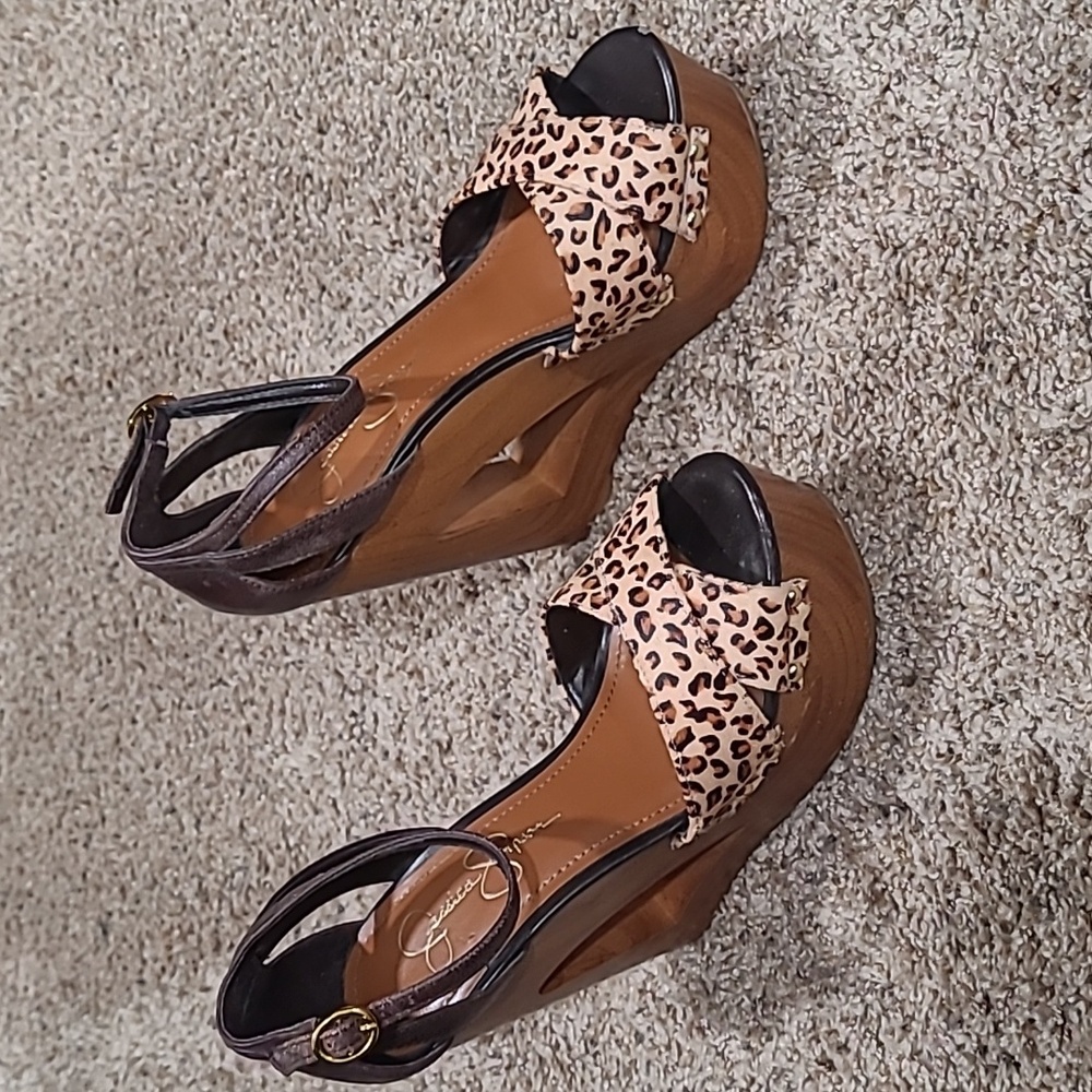 Jessica Simpson Leopard Print Wedge Sandals with Wood-Look Platform